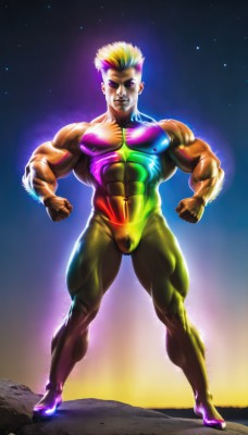 solo,blonde hair,1boy,standing,purple eyes,full body,male focus,multicolored hair,dark skin,bodysuit,muscular,glowing,colored skin,abs,star (sky),clenched hands,personification,starry sky,space,aura,biceps,mohawk,rainbow hair,looking at viewer,smile,sky,artist name,watermark,muscular male,manly,colorful