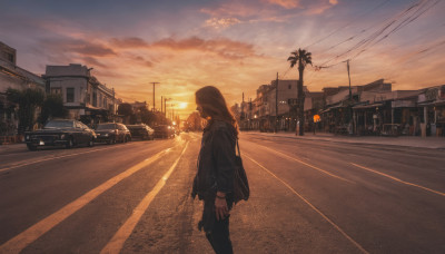 1girl, solo, long hair, brown hair, jacket, outdoors, sky, cloud, bag, tree, dutch angle, ground vehicle, building, scenery, motor vehicle, sunset, city, car, road, power lines, street, evening, crosswalk, vanishing point