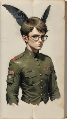 solo,looking at viewer,short hair,simple background,brown hair,long sleeves,1boy,brown eyes,closed mouth,jacket,upper body,male focus,wings,glasses,uniform,military,military uniform,buttons,head wings,black-framed eyewear,pocket,green jacket,cropped torso,realistic,breast pocket,military jacket,medal,black hair,lips,serious