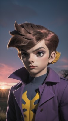 1girl,solo,looking at viewer,short hair,bangs,blonde hair,brown hair,shirt,brown eyes,closed mouth,jacket,upper body,multicolored hair,outdoors,open clothes,sky,cloud,two-tone hair,open jacket,lips,eyelashes,makeup,thick eyebrows,eyeshadow,sunset,mountain,nose,sun,purple jacket,leather jacket,artist name,serious,sunrise