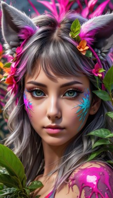 1girl,solo,long hair,looking at viewer,bangs,hair ornament,animal ears,bare shoulders,jewelry,closed mouth,green eyes,upper body,flower,grey hair,multicolored hair,earrings,artist name,cat ears,hair flower,blurry,lips,animal ear fluff,fox ears,eyelashes,makeup,leaf,watermark,facial mark,piercing,plant,lipstick,portrait,web address,eyeshadow,freckles,pink lips,realistic,nose,red lips,eyeliner,facepaint,mascara,paint splatter,black hair