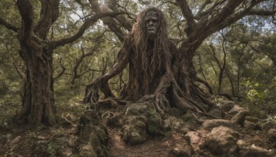 solo,outdoors,day,tree,no humans,sunlight,grass,nature,scenery,forest,rock,moss,plant,monster,horror (theme)