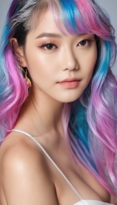 1girl,solo,long hair,breasts,looking at viewer,bangs,simple background,black hair,hair ornament,cleavage,bare shoulders,brown eyes,jewelry,medium breasts,closed mouth,underwear,blue hair,upper body,pink hair,multicolored hair,earrings,bra,two-tone hair,lips,eyelashes,makeup,feathers,eyeshadow,white bra,realistic,nose,large breasts,grey background