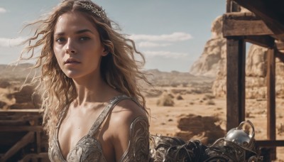 1girl,solo,long hair,breasts,looking at viewer,blonde hair,brown hair,cleavage,bare shoulders,brown eyes,medium breasts,collarbone,upper body,small breasts,outdoors,parted lips,sky,day,cloud,armor,mole,blurry,blue sky,lips,blurry background,wavy hair,messy hair,freckles,curly hair,mole on breast,mountain,realistic,nose,desert,blue eyes,sunlight,wind,mole on cheek