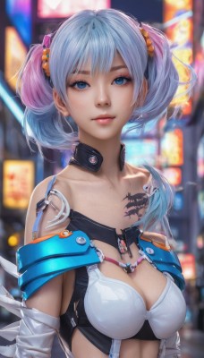 1girl,solo,breasts,looking at viewer,short hair,bangs,blue eyes,hair ornament,cleavage,bare shoulders,twintails,medium breasts,closed mouth,blue hair,collarbone,upper body,pink hair,multicolored hair,off shoulder,mole,blurry,two-tone hair,lips,tattoo,gradient hair,makeup,blurry background,science fiction,realistic,nose,android,cyborg,cyberpunk,outdoors,artist name,bra,eyelashes,depth of field,scrunchie,short twintails,hair scrunchie,freckles,pink lips