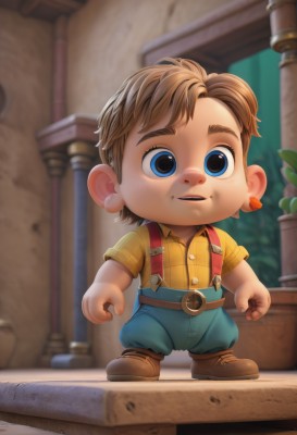 solo,looking at viewer,smile,short hair,open mouth,blue eyes,brown hair,shirt,1boy,jewelry,standing,full body,short sleeves,male focus,earrings,boots,outdoors,parted lips,teeth,collared shirt,belt,pants,indoors,blurry,blurry background,brown footwear,suspenders,child,freckles,yellow shirt,potted plant,overalls,male child,shoes,chibi,thick eyebrows,aged down,plant,pillar,flower pot