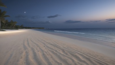 outdoors,sky,day,cloud,water,tree,blue sky,no humans,night,ocean,beach,moon,star (sky),night sky,scenery,sunset,sand,palm tree,horizon,shore,desert,nature,forest,sun,crescent moon,waves