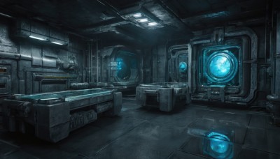 indoors,no humans,window,glowing,robot,scenery,science fiction,blue theme,tiles,tile floor,military,ground vehicle,motor vehicle,machinery,military vehicle,light,cable,vehicle focus