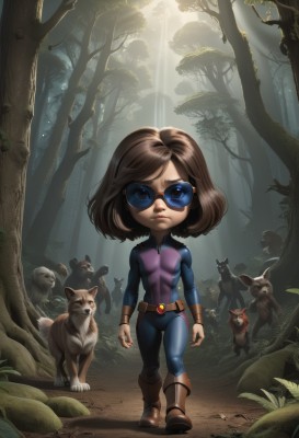 1girl,solo,breasts,looking at viewer,short hair,blue eyes,brown hair,closed mouth,standing,full body,small breasts,boots,outdoors,solo focus,belt,signature,tree,lips,bodysuit,animal,brown footwear,sunlight,sunglasses,goggles,nature,forest,backlighting,walking,dog,light rays,realistic,sunbeam,superhero,fox,squirrel,deer,gloves,tinted eyewear