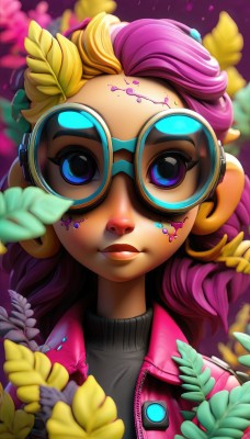 1girl,solo,long hair,looking at viewer,smile,blue eyes,blonde hair,hair ornament,closed mouth,jacket,upper body,pink hair,purple hair,flower,multicolored hair,open clothes,glasses,artist name,star (symbol),mole,blurry,two-tone hair,sweater,open jacket,lips,eyelashes,makeup,depth of field,turtleneck,leaf,watermark,facial mark,piercing,lipstick,goggles,portrait,eyeshadow,freckles,purple background,pink lips,yellow flower,nose,round eyewear,pink jacket,tinted eyewear,nose piercing,sunglasses,web address,zipper,curly hair