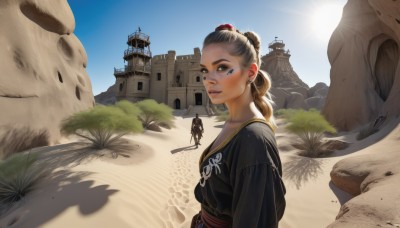 1girl,solo,long hair,looking at viewer,blush,brown hair,black hair,brown eyes,jewelry,upper body,earrings,outdoors,parted lips,sky,day,hair bun,tree,blue sky,lips,sash,shadow,chinese clothes,sunlight,single hair bun,building,scenery,mountain,realistic,sand,sun,giant,castle,statue,desert,blonde hair,1boy,ponytail,weapon,solo focus,sword,makeup,rock,nose,silhouette