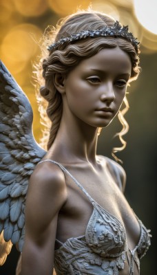 1girl,solo,long hair,breasts,looking at viewer,blonde hair,brown hair,cleavage,bare shoulders,brown eyes,closed mouth,underwear,collarbone,upper body,small breasts,wings,blurry,lips,lingerie,feathered wings,backlighting,curly hair,angel wings,realistic,white wings,angel,head wreath,signature,tiara,empty eyes