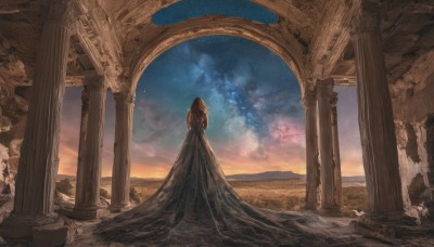 1girl,solo,long hair,brown hair,dress,standing,outdoors,sky,cloud,from behind,white dress,night,star (sky),night sky,scenery,starry sky,sunset,mountain,facing away,ruins,wide shot,pillar,twilight,arch,column,black hair,long sleeves,black dress,rock,long dress,desert