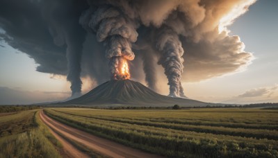 outdoors,sky,day,cloud,no humans,cloudy sky,grass,fire,nature,scenery,smoke,monster,mountain,giant,field,landscape,solo,blue sky