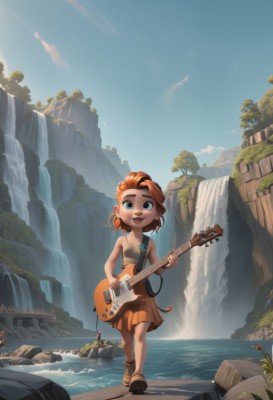 1girl,solo,smile,short hair,open mouth,blue eyes,skirt,dress,bare shoulders,jewelry,earrings,outdoors,sky,day,cloud,water,necklace,orange hair,tree,blue sky,strapless,instrument,child,nature,freckles,walking,rock,music,guitar,female child,tube top,playing instrument,holding instrument,river,waterfall,cliff,long hair,looking at viewer,brown hair,holding,standing,full body,:d,red hair,shoes,teeth,bare arms,bird,brown footwear,sandals,tank top,plant,scenery,orange skirt