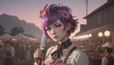 1girl,looking at viewer,blush,short hair,bangs,shirt,hair ornament,red eyes,hat,holding,brown eyes,jewelry,closed mouth,collarbone,white shirt,upper body,purple hair,flower,earrings,outdoors,food,multiple boys,sky,solo focus,choker,hair flower,apron,lips,makeup,night,ring,knife,6+boys,red lips,holding knife,stud earrings,chef,food stand,smile,multiple girls,signature,tree,scenery,faceless,realistic,kitchen knife