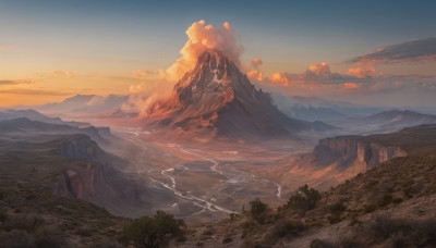 outdoors,sky,day,cloud,tree,no humans,cloudy sky,grass,nature,scenery,forest,sunset,mountain,fantasy,landscape,mountainous horizon,rock