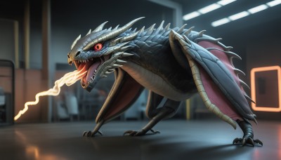 HQ,solo,open mouth,red eyes,tail,outdoors,wings,teeth,tongue,blurry,pokemon (creature),no humans,night,blurry background,glowing,fangs,fire,sharp teeth,building,claws,colored sclera,monster,city,dragon,scales,breathing fire,kaijuu,standing,indoors,tongue out