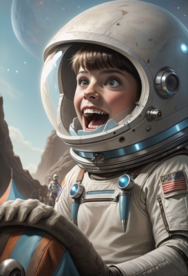 open mouth,brown hair,gloves,1boy,brown eyes,upper body,male focus,multiple boys,sky,teeth,solo focus,tongue,white gloves,signature,blood,fangs,moon,helmet,sharp teeth,star (sky),science fiction,realistic,nose,flag,space,planet,earth (planet),american flag,spacesuit,japanese flag,space helmet,astronaut,1girl,solo,outdoors,blurry,lips,pilot suit,helmet removed,pilot