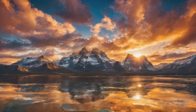 outdoors,sky,cloud,water,no humans,sunlight,cloudy sky,scenery,reflection,sunset,mountain,sun,landscape,mountainous horizon,lake,orange sky,reflective water