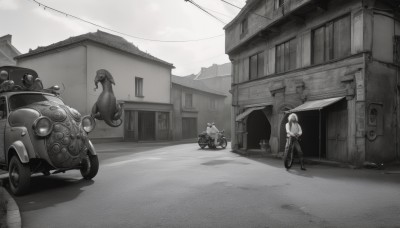 1girl,short hair,1boy,hat,monochrome,greyscale,outdoors,sky,bird,ground vehicle,building,scenery,motor vehicle,car,road,vehicle focus,motorcycle,power lines,street,bicycle,utility pole,standing,male focus,multiple boys,shadow,house