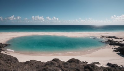 outdoors,sky,day,cloud,water,blue sky,no humans,ocean,beach,cloudy sky,scenery,rock,sand,horizon,waves,shore,monochrome