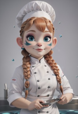 1girl,solo,long hair,breasts,looking at viewer,smile,blue eyes,brown hair,hat,holding,jewelry,closed mouth,upper body,braid,earrings,small breasts,food,artist name,water,twin braids,wet,makeup,buttons,white headwear,knife,child,hair over shoulder,plate,freckles,fish,female child,holding knife,stud earrings,chef hat,chef,blonde hair,grey background,orange hair,lips,facial mark,thick eyebrows,lipstick,nose,facepaint