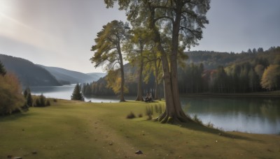 1girl,solo,long hair,black hair,hat,sitting,outdoors,sky,day,cloud,water,tree,leaf,grass,nature,scenery,forest,reflection,mountain,autumn leaves,river,autumn,landscape,lake,no humans,sunlight,light rays