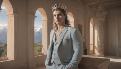 solo,long hair,looking at viewer,brown hair,shirt,long sleeves,1boy,brown eyes,closed mouth,jacket,upper body,male focus,outdoors,sky,day,cloud,indoors,vest,tree,blue sky,lips,window,crown,mountain,realistic,hands in pockets,architecture,pillar,grey vest,black hair,pants,formal,suit,scenery,white pants,statue