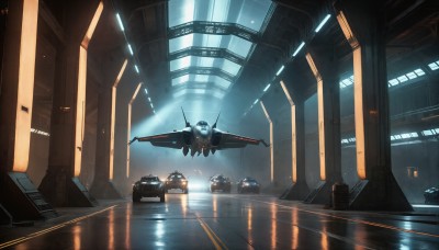 HQ,indoors,water,military,no humans,window,robot,ground vehicle,building,scenery,mecha,motor vehicle,reflection,flying,science fiction,realistic,aircraft,car,airplane,light,vehicle focus,spacecraft,lights,signature,night,military vehicle,jet,fighter jet