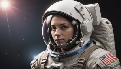 1girl,solo,looking at viewer,brown eyes,upper body,signature,dark skin,lips,helmet,portrait,lens flare,realistic,nose,sun,space,american flag,spacesuit,japanese flag,space helmet,united states,astronaut,brown hair,bag,backpack,black background,headset,planet,flag print,american flag print