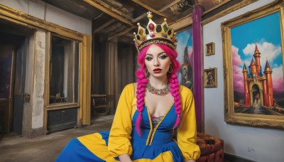 1girl,solo,long hair,breasts,looking at viewer,long sleeves,dress,cleavage,brown eyes,jewelry,medium breasts,sitting,pink hair,braid,earrings,sky,cloud,indoors,necklace,twin braids,makeup,blue dress,crown,lipstick,hair over shoulder,basket,red lips,painting (object),red hair,lips,castle,throne