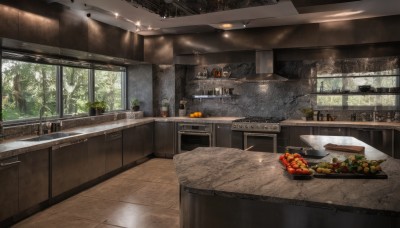 food,day,indoors,tree,no humans,window,fruit,chair,table,sunlight,plant,scenery,plate,bowl,light rays,tiles,tile floor,orange (fruit),kitchen,tomato,vegetable,ceiling,sink,ceiling light,bottle,apple,shelf,counter,refrigerator,stove