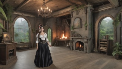 1girl,solo,long hair,breasts,skirt,brown hair,shirt,black hair,dress,cleavage,standing,white shirt,ponytail,day,indoors,black skirt,tree,window,table,fire,plant,scenery,corset,long skirt,wooden floor,stairs,door,potted plant,candle,painting (object),candlestand,chandelier,fireplace,looking at viewer,long sleeves,book,chair,torch