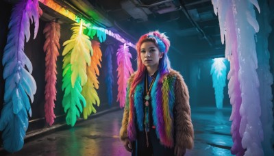 1girl,solo,long hair,looking at viewer,hair ornament,brown eyes,jewelry,closed mouth,standing,pink hair,red hair,indoors,necklace,lips,feathers,feather hair ornament,poncho