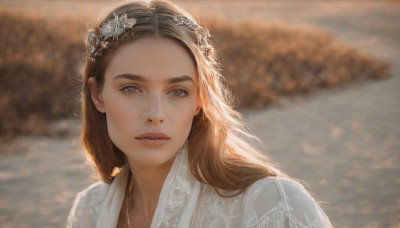 1girl,solo,long hair,looking at viewer,brown hair,hair ornament,dress,brown eyes,jewelry,upper body,flower,outdoors,parted lips,teeth,white dress,blurry,lips,depth of field,blurry background,portrait,freckles,realistic,nose,eyelashes,sunlight,backlighting