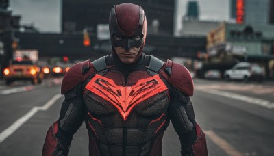 solo,looking at viewer,1boy,brown eyes,closed mouth,upper body,male focus,outdoors,armor,blurry,bodysuit,mask,muscular,blurry background,muscular male,ground vehicle,motor vehicle,city,realistic,car,superhero,red bodysuit,depth of field,road,street