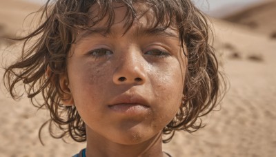 1girl,solo,looking at viewer,short hair,bangs,brown hair,brown eyes,closed mouth,outdoors,parted lips,day,blurry,lips,depth of field,blurry background,wind,messy hair,portrait,realistic,nose,sand,dirty,teeth,close-up,dirty face