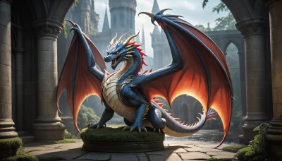 HQ,solo,open mouth,red eyes,standing,tail,full body,outdoors,wings,horns,sky,teeth,day,cloud,water,no humans,fangs,cloudy sky,sharp teeth,building,scenery,claws,dragon horns,fantasy,dragon,dragon tail,scales,ruins,pillar,castle,dragon wings,arch,column,tree