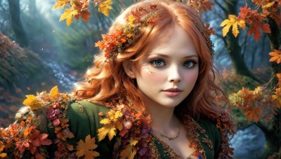 HQ,1girl,solo,long hair,looking at viewer,blue eyes,blonde hair,brown hair,hair ornament,dress,jewelry,upper body,flower,earrings,outdoors,parted lips,day,hair flower,necklace,orange hair,mole,blurry,tree,lips,eyelashes,depth of field,blurry background,leaf,wavy hair,sunlight,portrait,nature,forest,freckles,realistic,nose,autumn leaves,maple leaf,dappled sunlight,autumn,red hair,green dress,orange flower