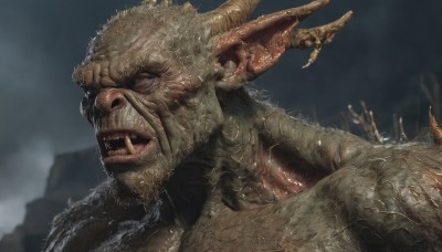 solo,open mouth,1boy,outdoors,horns,teeth,tongue,water,blurry,no humans,saliva,blurry background,fangs,sharp teeth,monster,realistic,giant,male focus,sky,pointy ears,from side,colored skin,facial hair,portrait,beard,scales,antlers,green skin,orc,grey sky,tusks