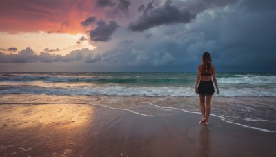 1girl,solo,long hair,skirt,brown hair,standing,swimsuit,bikini,outdoors,sky,barefoot,cloud,black skirt,water,from behind,ocean,beach,cloudy sky,scenery,walking,sunset,sand,horizon,facing away,wide shot,waves,shore,footprints,black hair,bare shoulders,bare arms,bare legs,black bikini,bikini top only,evening