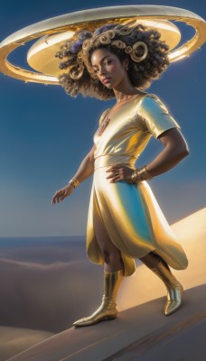 1girl,solo,looking at viewer,black hair,dress,brown eyes,jewelry,standing,full body,boots,one eye closed,sky,dark skin,necklace,nail polish,high heels,flat chest,bracelet,dark-skinned female,lips,hand on hip,halo,curly hair,realistic,nose,sand,bangle,very dark skin,desert,dreadlocks,afro,breasts,brown hair,gloves,collarbone,short sleeves,earrings,small breasts,outdoors,fingerless gloves,white dress,makeup,watermark,brown footwear,high heel boots,hoop earrings,yellow dress,yellow footwear,gold