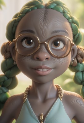 1girl,solo,long hair,looking at viewer,smile,bare shoulders,twintails,brown eyes,jewelry,collarbone,upper body,braid,multicolored hair,earrings,parted lips,green hair,glasses,teeth,artist name,dark skin,necklace,grin,blurry,twin braids,dark-skinned female,lips,eyelashes,tattoo,depth of field,blurry background,portrait,forehead,backlighting,freckles,realistic,nose,round eyewear,yellow-framed eyewear,brown-framed eyewear,brown hair,dress,watermark,web address,dreadlocks