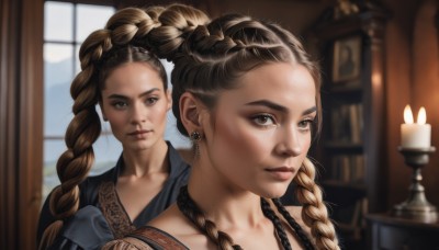 1girl,solo,long hair,looking at viewer,bangs,brown hair,brown eyes,jewelry,closed mouth,collarbone,upper body,braid,multicolored hair,earrings,indoors,necklace,blurry,twin braids,lips,window,depth of field,blurry background,siblings,portrait,dual persona,freckles,reflection,mirror,realistic,bookshelf,candle,multiple braids,multiple girls,2girls,dark skin,mole,dark-skinned female,sisters,forehead,nose,mother and daughter,candlestand