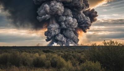 flower,outdoors,sky,day,cloud,tree,no humans,cloudy sky,grass,nature,scenery,forest,smoke,sunset,field,statue,landscape,sunlight