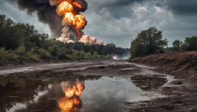 outdoors,sky,day,cloud,water,tree,no humans,cloudy sky,fire,nature,scenery,forest,smoke,reflection,mountain,bush,explosion,river,fog,burning