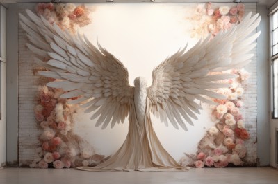 PREMIUM,1girl,solo,long hair,1boy,dress,very long hair,standing,flower,white hair,male focus,wings,indoors,from behind,white dress,window,rose,white flower,red flower,feathered wings,androgynous,pink flower,angel wings,red rose,door,white wings,angel,facing away,white rose,pink rose,pillar,multiple wings,white theme,arch,large wings,pale skin,wall,brick wall