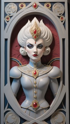 1girl,solo,breasts,looking at viewer,short hair,blue eyes,dress,jewelry,medium breasts,sitting,closed mouth,upper body,white hair,artist name,armor,mole,covered nipples,lips,eyelashes,mole under eye,makeup,crown,lipstick,gem,pale skin,eyeshadow,red lips,throne,framed,mascara,black lips,tarot,brown eyes,white dress,colored skin,shoulder armor,curly hair,realistic,forehead jewel,mole on cheek