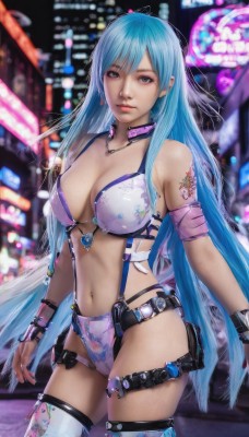 1girl,solo,long hair,breasts,looking at viewer,bangs,blue eyes,large breasts,thighhighs,navel,cleavage,bare shoulders,jewelry,medium breasts,very long hair,blue hair,standing,swimsuit,bikini,cowboy shot,earrings,belt,necklace,nail polish,blurry,bracelet,lips,grey eyes,tattoo,thigh strap,night,blurry background,piercing,realistic,collar,watermark,science fiction,city,navel piercing,cyberpunk,neon lights